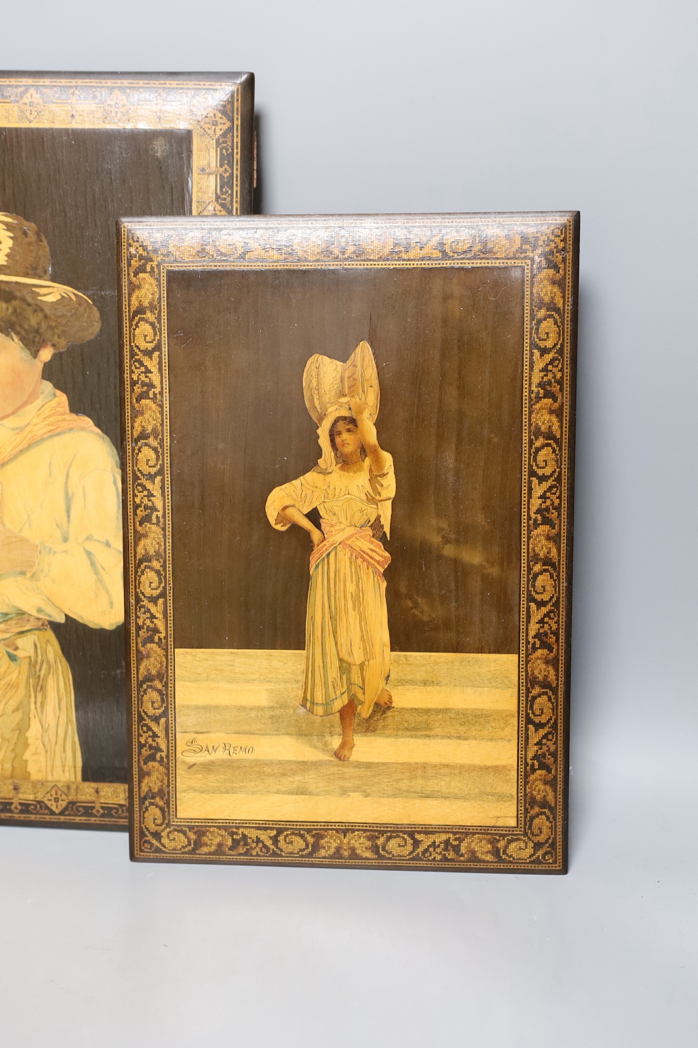 Two 19th century Sorento marquetry panels, both signed, San Remo and Gargiule, largest 38x26cm